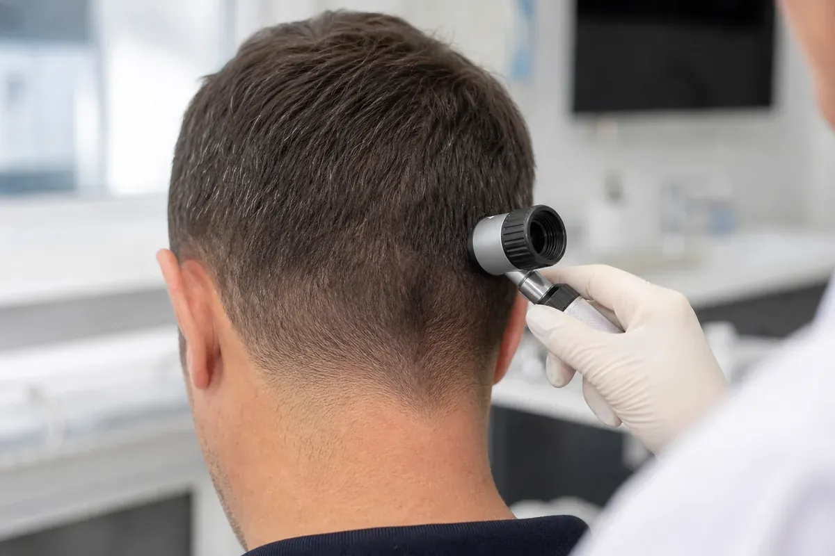 Spesialist undersøker donorområdet i nakken med dermatoskop ved planlegging av hårtransplantasjon Spesialist undersøker donorområdet i nakken med dermatoskop ved planlegging av hårtransplantasjon