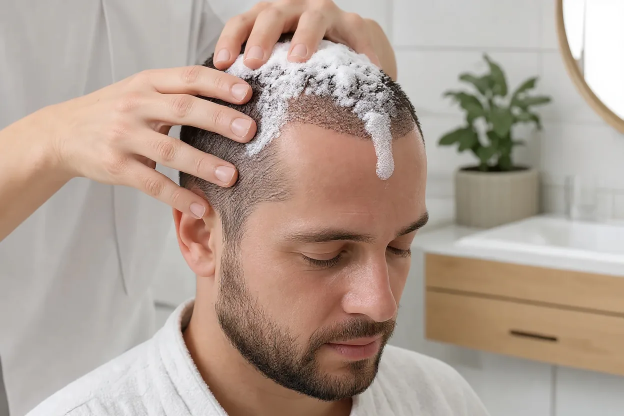 Hellävarainen päänahan shampooaminen hiustensiirron jälkihoidossa Hellävarainen päänahan shampooaminen hiustensiirron jälkihoidossa
