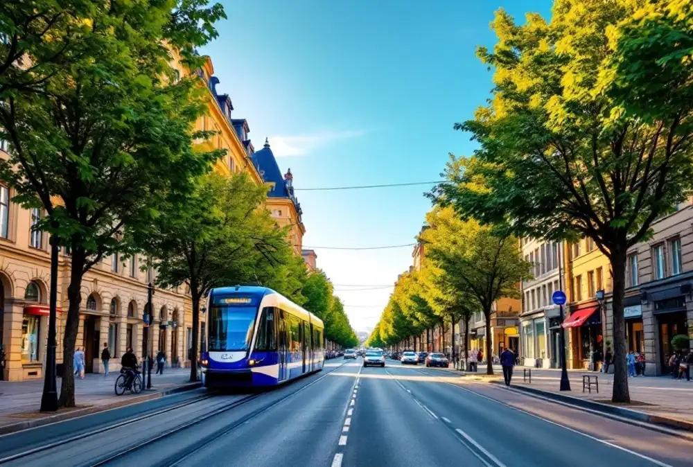 Kungsportsavenyn i Göteborg med spårvagn och trädkantad allé