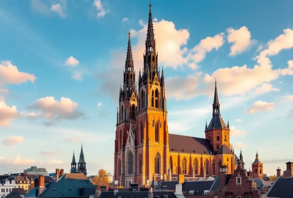 Uppsala domkyrka i kvällsljus över stadens takåsar