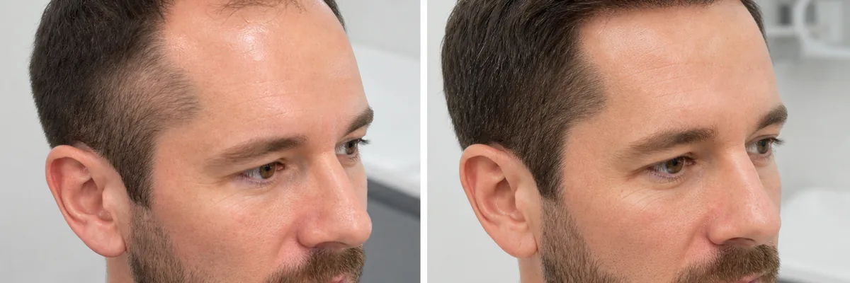 Before and after a hair transplant for men with a restored hairline and denser temples